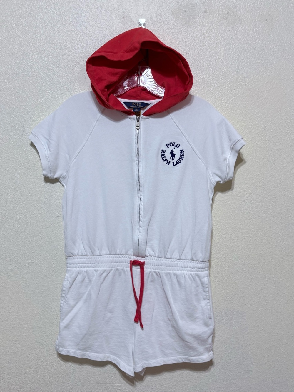 RALPH LAUREN Polo Romper Sz 16 White Red Summer Comfort Hoodie One Piece Cotton